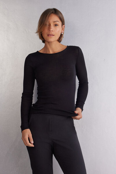 Wool and Silk Long-Sleeved Crew-Neck Max Top