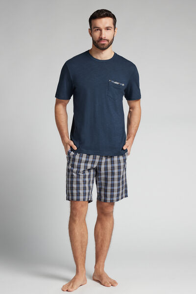 Pijama Curto em Tela e Algodão Xadrez Denim